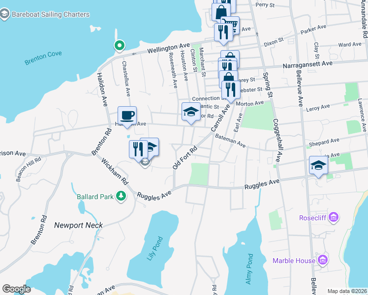 map of restaurants, bars, coffee shops, grocery stores, and more near in Newport