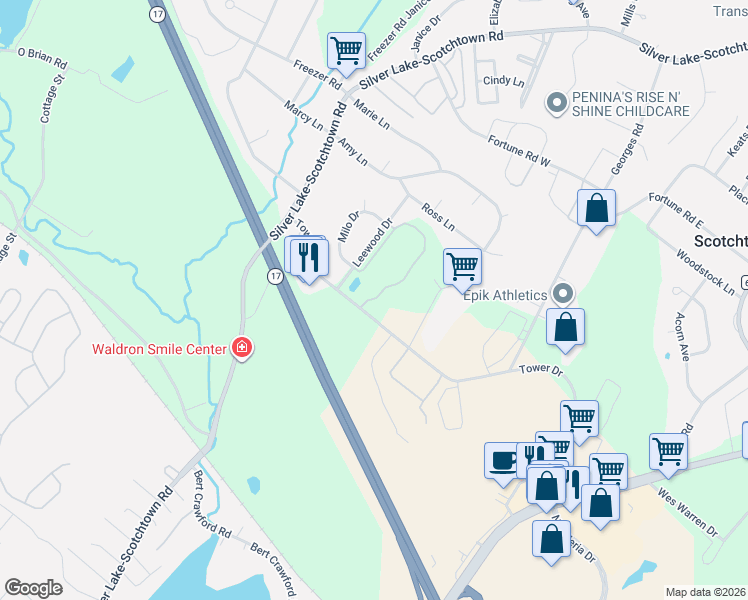 map of restaurants, bars, coffee shops, grocery stores, and more near 100 Tower Ridge Circle in Scotchtown