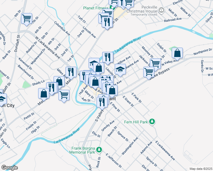 map of restaurants, bars, coffee shops, grocery stores, and more near 200 Grant Street in Olyphant