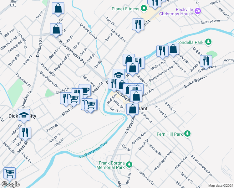 map of restaurants, bars, coffee shops, grocery stores, and more near 129 West Lacka Avenue in Olyphant