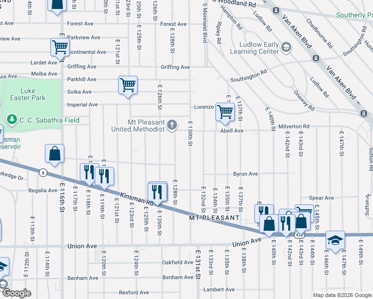 map of restaurants, bars, coffee shops, grocery stores, and more near 3238 East 130th Street in Cleveland