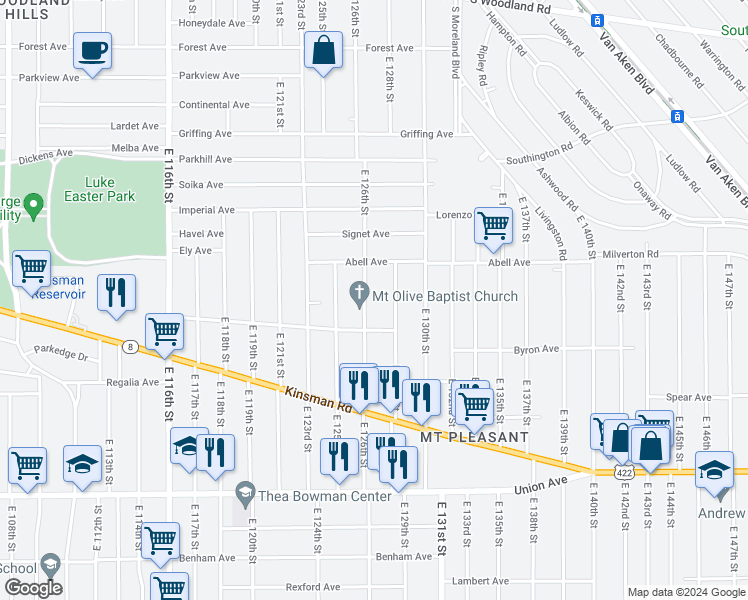 map of restaurants, bars, coffee shops, grocery stores, and more near 3249 East 126th Street in Cleveland