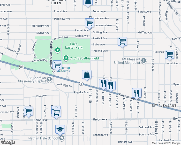 map of restaurants, bars, coffee shops, grocery stores, and more near 3240 East 116th Street in Cleveland