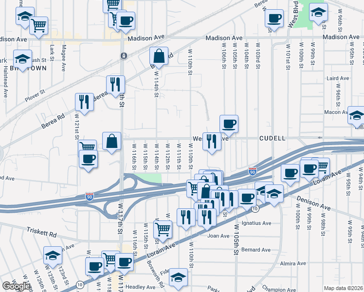 map of restaurants, bars, coffee shops, grocery stores, and more near 11011 Western Avenue in Cleveland