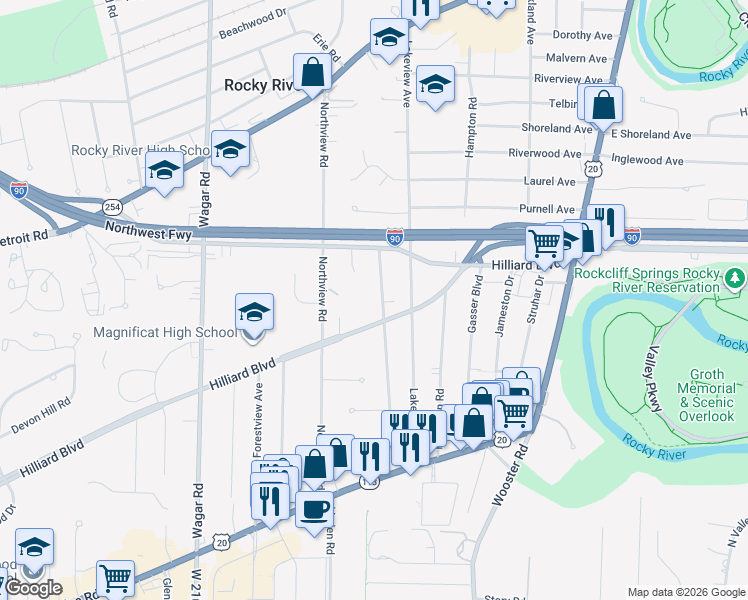 map of restaurants, bars, coffee shops, grocery stores, and more near 2311 Westmoor Road in Rocky River