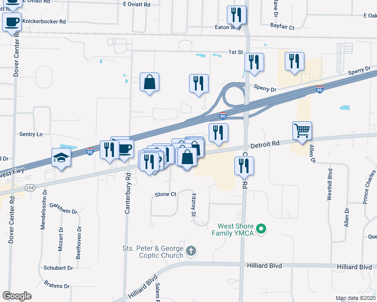 map of restaurants, bars, coffee shops, grocery stores, and more near 25807 Peppercorn Drive in Westlake