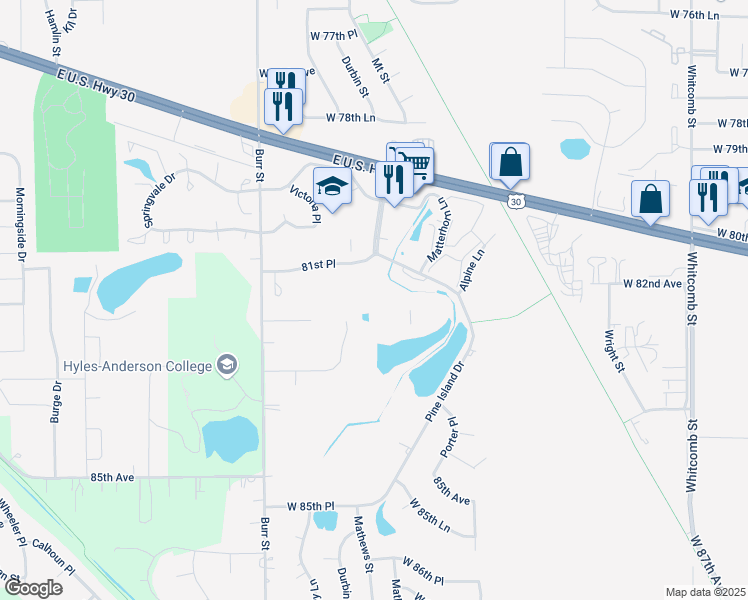 map of restaurants, bars, coffee shops, grocery stores, and more near 8145 Mount Court in Crown Point