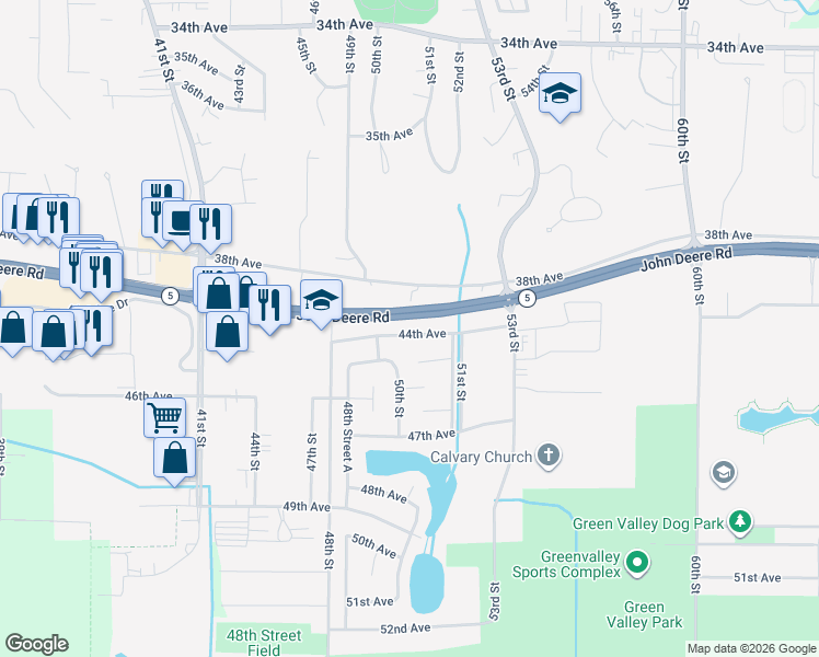 map of restaurants, bars, coffee shops, grocery stores, and more near 5000 38th Avenue in Moline