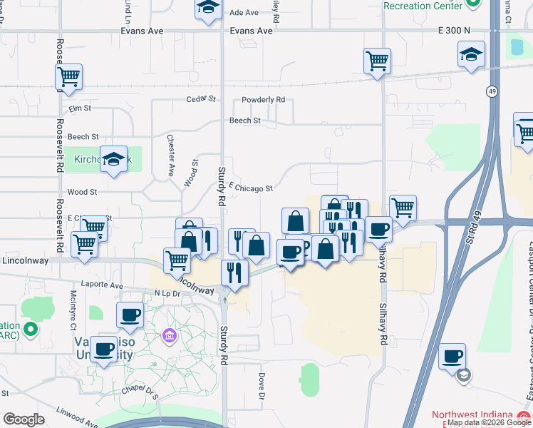 map of restaurants, bars, coffee shops, grocery stores, and more near 1-201 Mayfield Avenue in Valparaiso