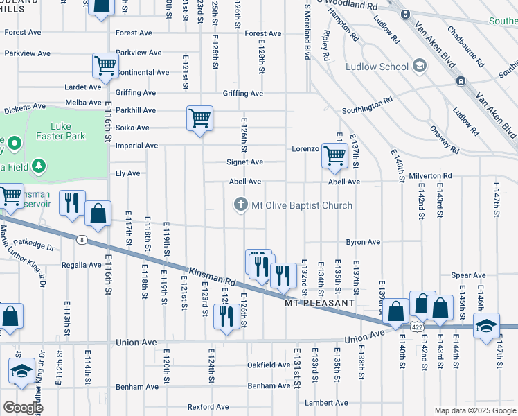map of restaurants, bars, coffee shops, grocery stores, and more near 3249 East 126th Street in Cleveland