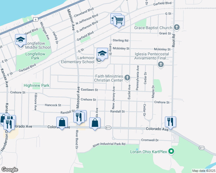 map of restaurants, bars, coffee shops, grocery stores, and more near 1363 New Hampshire Avenue in Lorain
