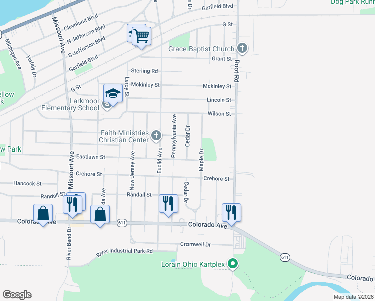 map of restaurants, bars, coffee shops, grocery stores, and more near 1323 Cedar Drive in Lorain
