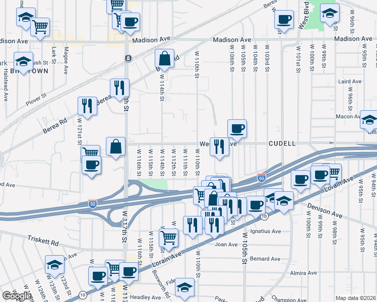 map of restaurants, bars, coffee shops, grocery stores, and more near 11011 Western Avenue in Cleveland