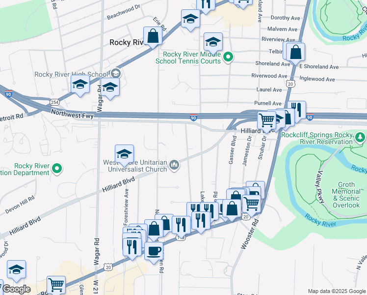 map of restaurants, bars, coffee shops, grocery stores, and more near 2311 Westmoor Road in Rocky River