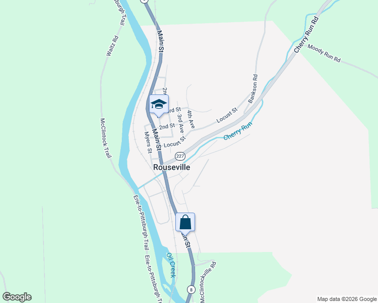 map of restaurants, bars, coffee shops, grocery stores, and more near 129 Cherry Run Road in Oil City