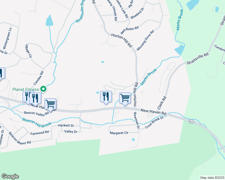 map of restaurants, bars, coffee shops, grocery stores, and more near 110 Barn Finch Court in Naugatuck