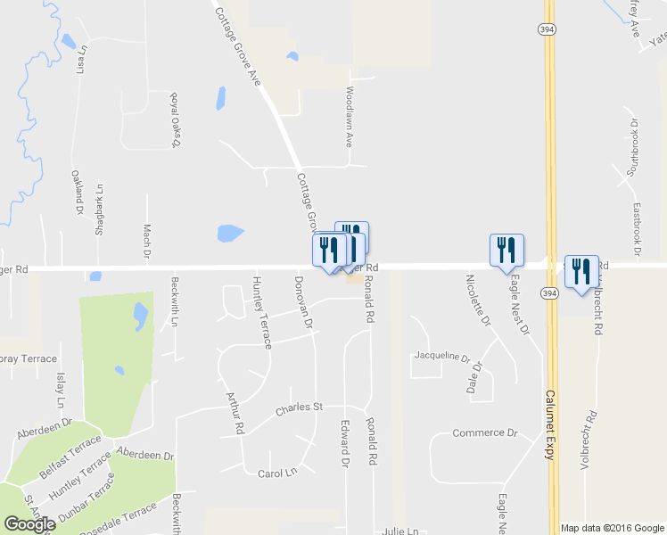 map of restaurants, bars, coffee shops, grocery stores, and more near 968 East Steger Road in Crete