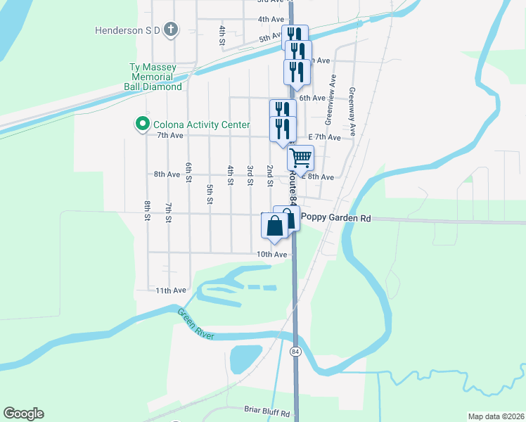 map of restaurants, bars, coffee shops, grocery stores, and more near 201 East 9th Avenue in Colona
