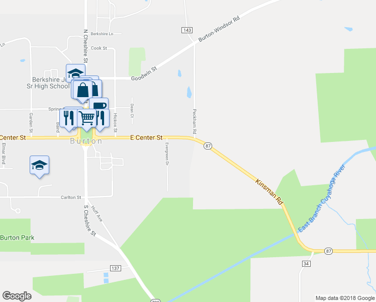 map of restaurants, bars, coffee shops, grocery stores, and more near 14095 East Center Street in Burton