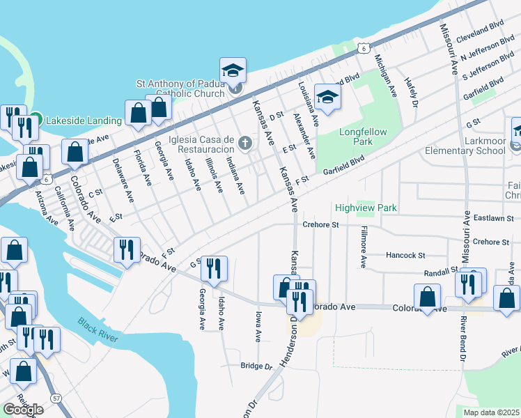 map of restaurants, bars, coffee shops, grocery stores, and more near 450 Iowa Avenue in Lorain