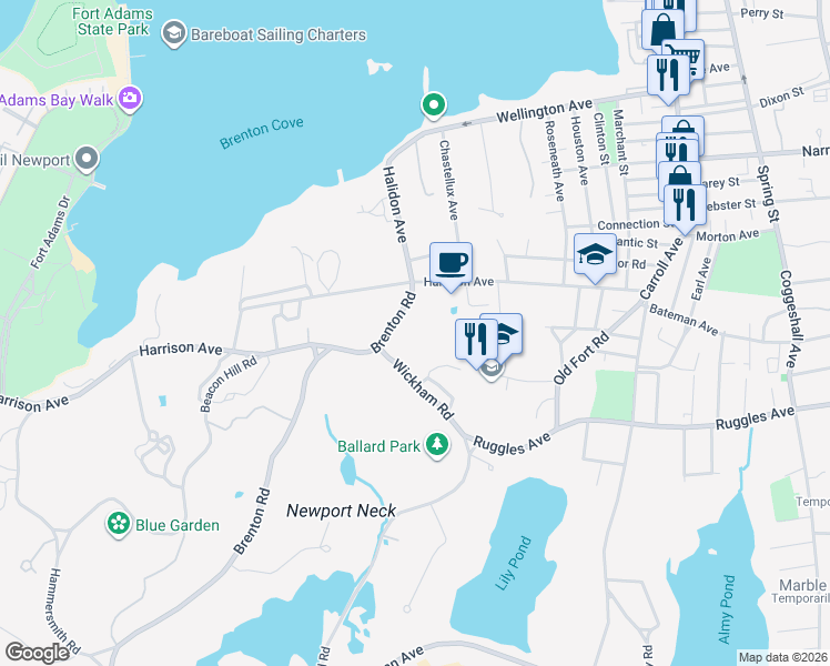 map of restaurants, bars, coffee shops, grocery stores, and more near 70 Harrison Avenue in Newport