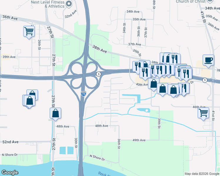 map of restaurants, bars, coffee shops, grocery stores, and more near 3330 43rd Avenue in Moline
