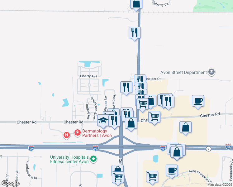 map of restaurants, bars, coffee shops, grocery stores, and more near 36126 Shade Tree Trail in Avon