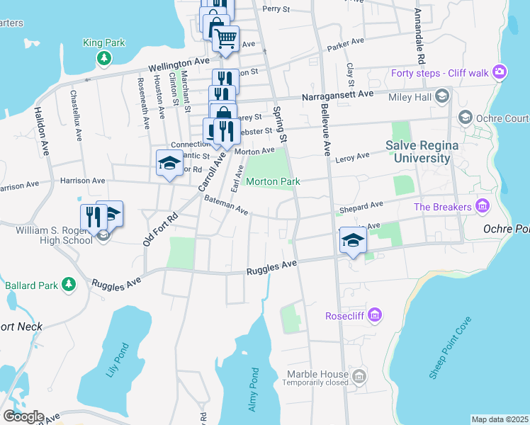 map of restaurants, bars, coffee shops, grocery stores, and more near 58 Bateman Avenue in Newport
