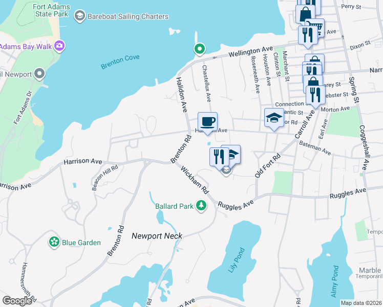 map of restaurants, bars, coffee shops, grocery stores, and more near 70 Harrison Avenue in Newport