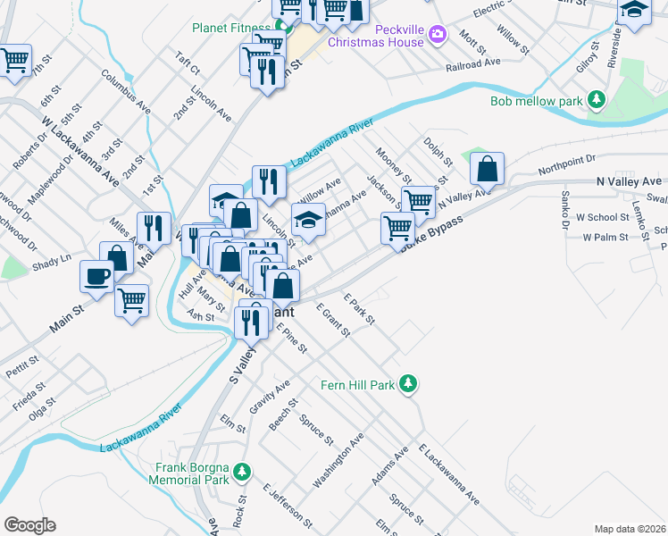 map of restaurants, bars, coffee shops, grocery stores, and more near 400 Church Street in Olyphant