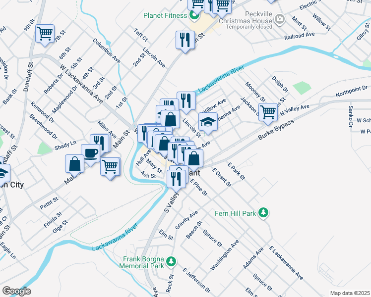 map of restaurants, bars, coffee shops, grocery stores, and more near 200 Grant Street in Olyphant