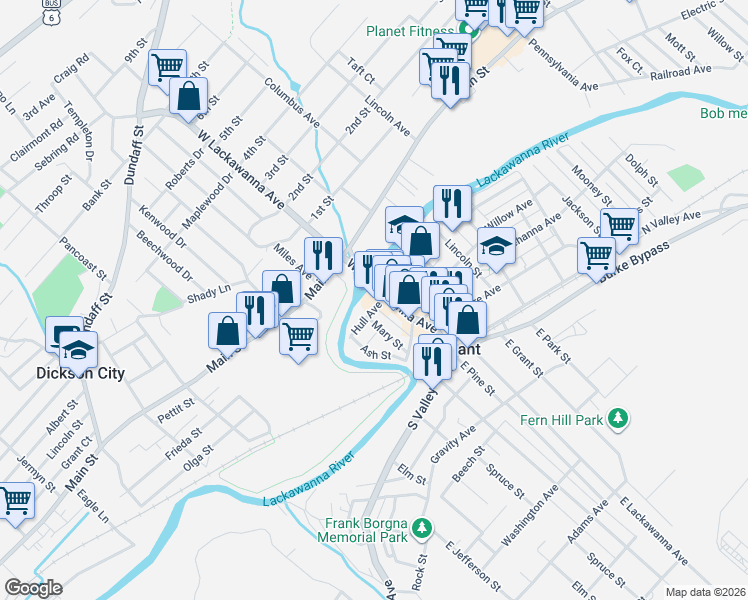 map of restaurants, bars, coffee shops, grocery stores, and more near 129 West Lacka Avenue in Olyphant