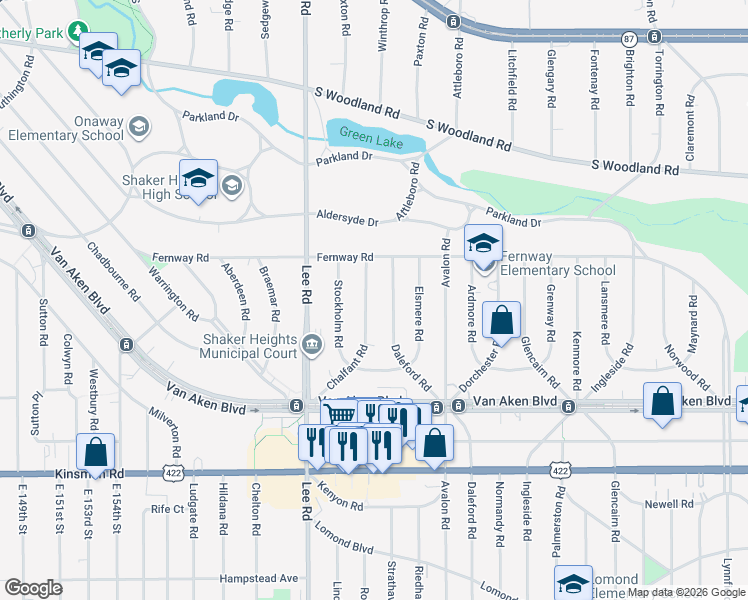 map of restaurants, bars, coffee shops, grocery stores, and more near 3282 Chalfant Road in Shaker Heights