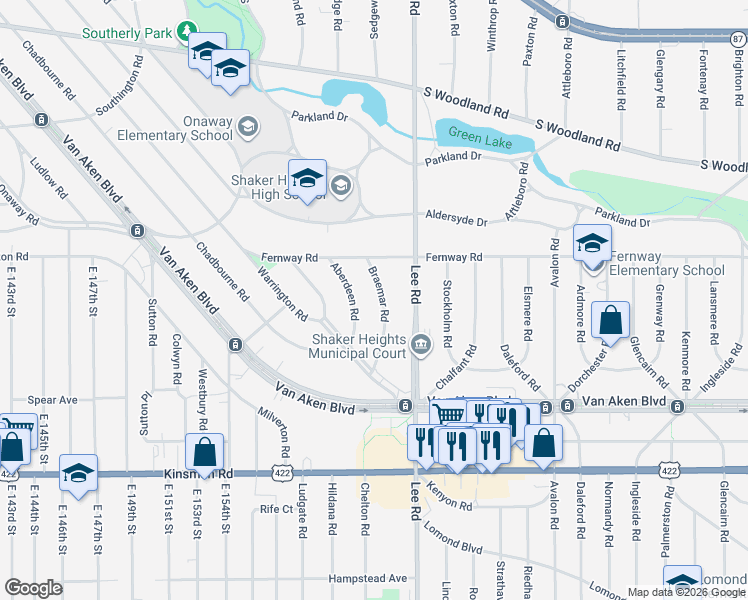 map of restaurants, bars, coffee shops, grocery stores, and more near 3272 Braemar Road in Shaker Heights