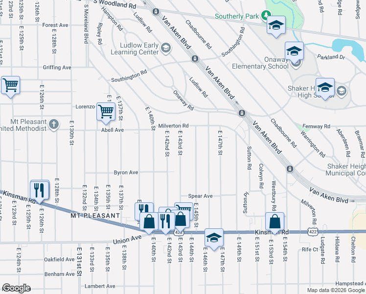 map of restaurants, bars, coffee shops, grocery stores, and more near 3277 East 143rd Street in Cleveland