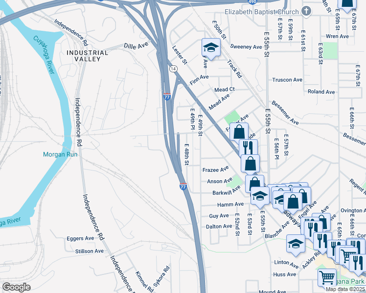 map of restaurants, bars, coffee shops, grocery stores, and more near 3222 East 48th Street in Cleveland