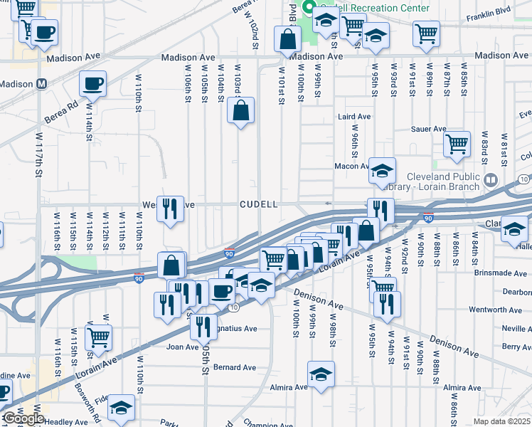 map of restaurants, bars, coffee shops, grocery stores, and more near 2236 West 101st Street in Cleveland