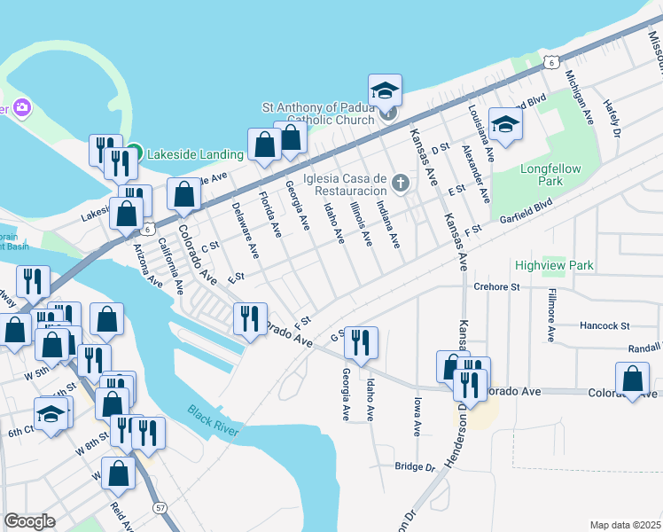 map of restaurants, bars, coffee shops, grocery stores, and more near 423 Georgia Avenue in Lorain