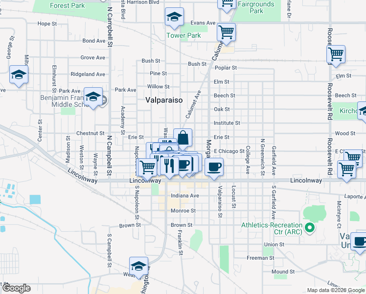 map of restaurants, bars, coffee shops, grocery stores, and more near 207 Franklin Street in Valparaiso