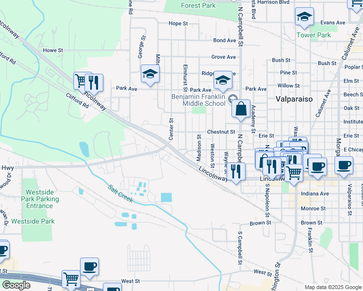 map of restaurants, bars, coffee shops, grocery stores, and more near 208 Elmhurst Street in Valparaiso