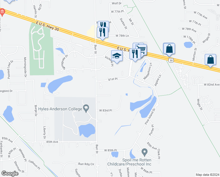 map of restaurants, bars, coffee shops, grocery stores, and more near 8153 West 81st Avenue in Schererville