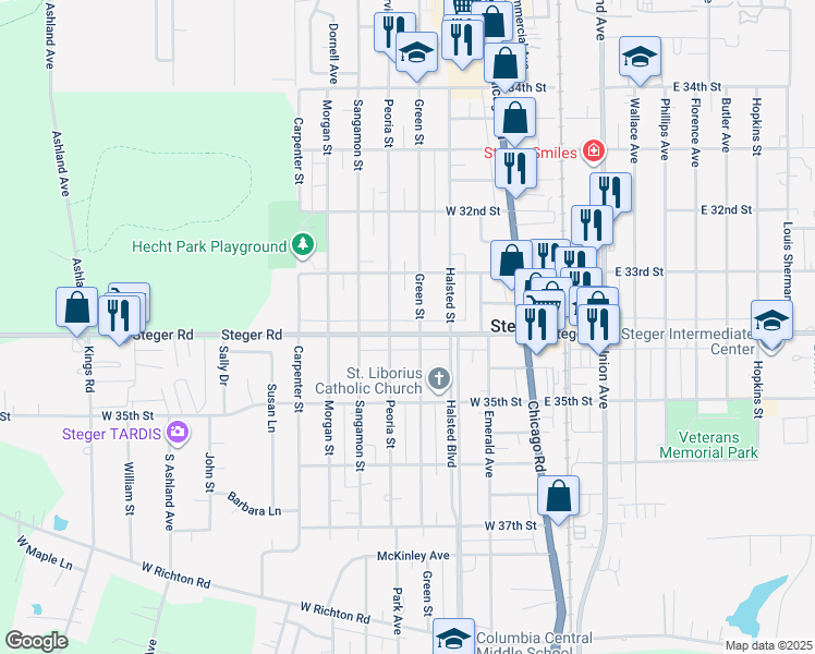 map of restaurants, bars, coffee shops, grocery stores, and more near 3328 Green Street in Steger