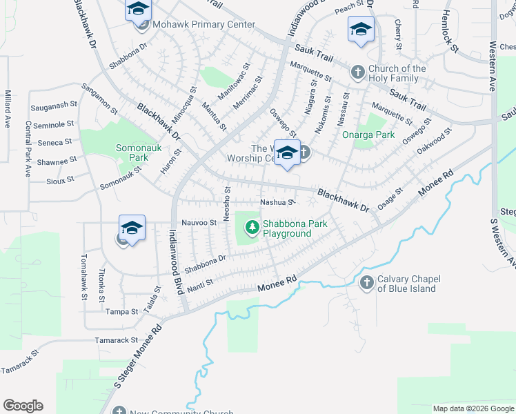 map of restaurants, bars, coffee shops, grocery stores, and more near 112 Nashua Street in Park Forest