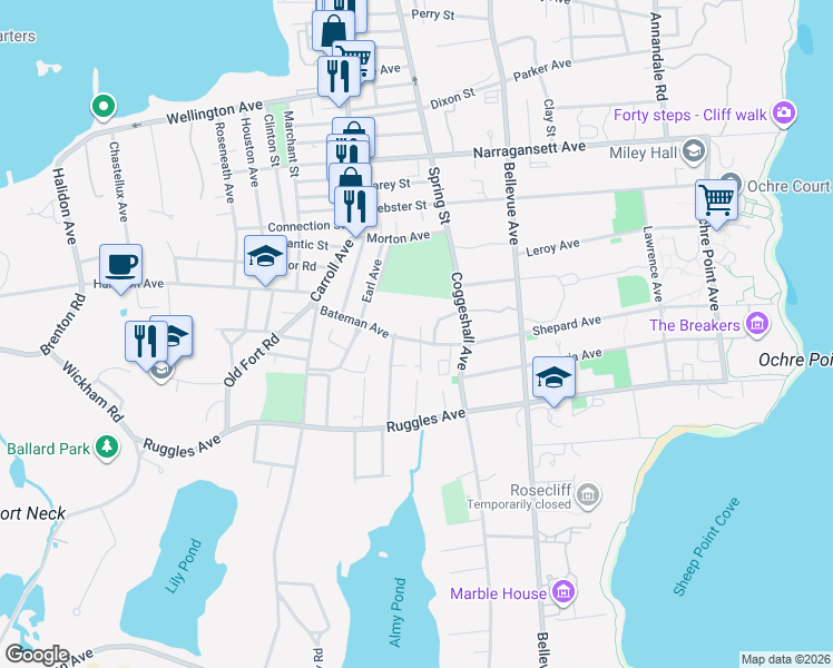 map of restaurants, bars, coffee shops, grocery stores, and more near 58 Bateman Avenue in Newport