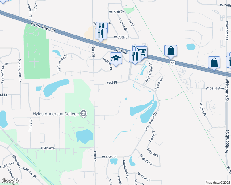map of restaurants, bars, coffee shops, grocery stores, and more near 8153 West 81st Avenue in Schererville