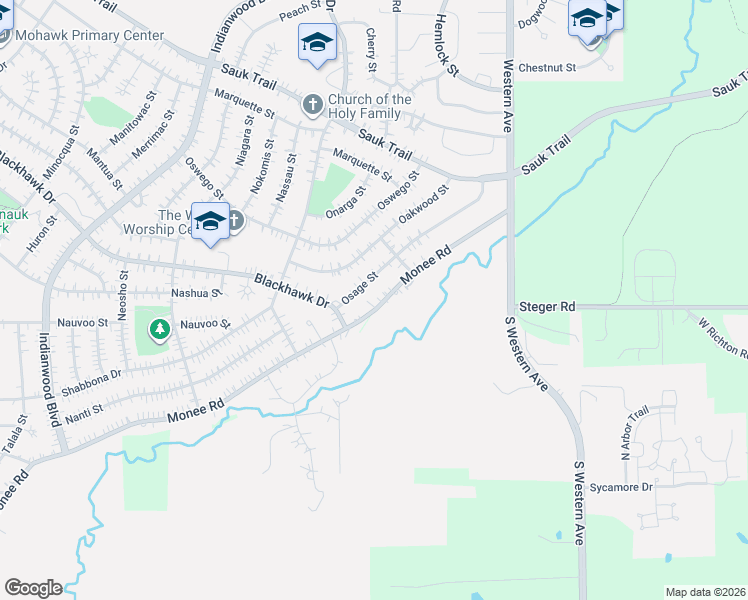 map of restaurants, bars, coffee shops, grocery stores, and more near 50 Monee Road in Park Forest