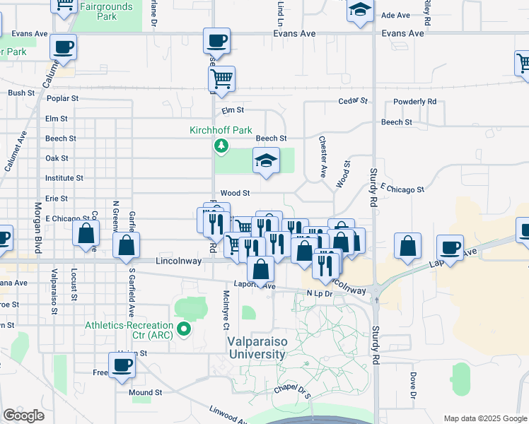 map of restaurants, bars, coffee shops, grocery stores, and more near 1409 East Chicago Street in Valparaiso