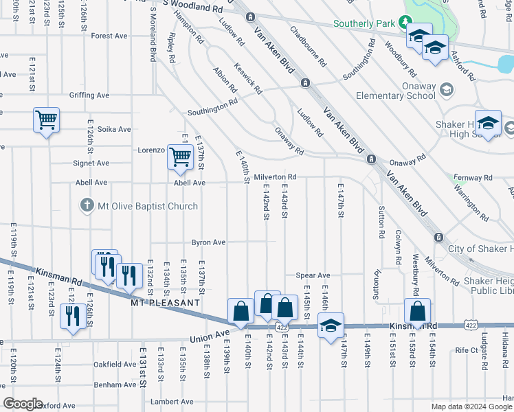 map of restaurants, bars, coffee shops, grocery stores, and more near 3291 East 140th Street in Cleveland