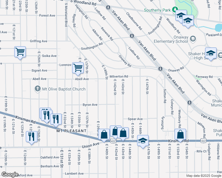 map of restaurants, bars, coffee shops, grocery stores, and more near 3291 East 140th Street in Cleveland
