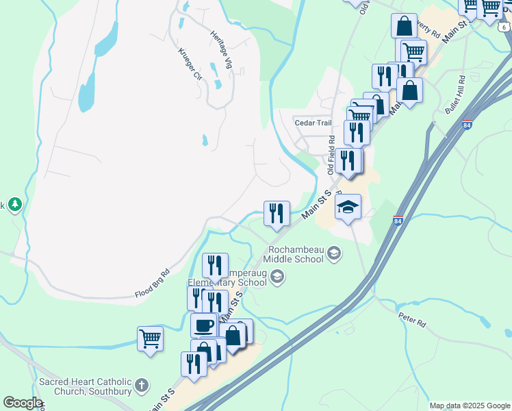 map of restaurants, bars, coffee shops, grocery stores, and more near 100 Riverhill Road in Southbury